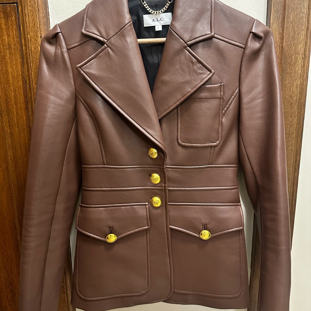 A.L.C. Chocolate Brown Leather Blazer with Gold Buttons